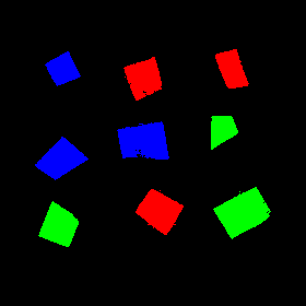 図8 : LED照明と近赤外ハイパースペクトルカメラによる材質分類事例 分類結果（赤：ポリプロピレン　緑：PET　青：ポリスチレン）