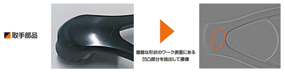 光沢&立体形状ワークの外観検査ソリューションでは、複雑な形状の取っ手部品表面の凹凸部分を抽出して撮像可能です